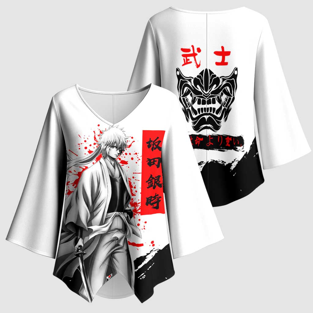 Gintoki Sakata Gintama Samurai Design Kimono Sleeve Blouse with Katana, Red Kanji Calligraphy and Oni Mask Graphic - The Mazicc