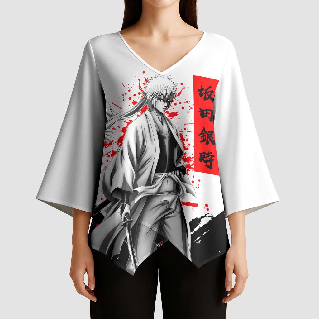 Gintoki Sakata Gintama Samurai Design Kimono Sleeve Blouse with Katana, Red Kanji Calligraphy and Oni Mask Graphic - The Mazicc