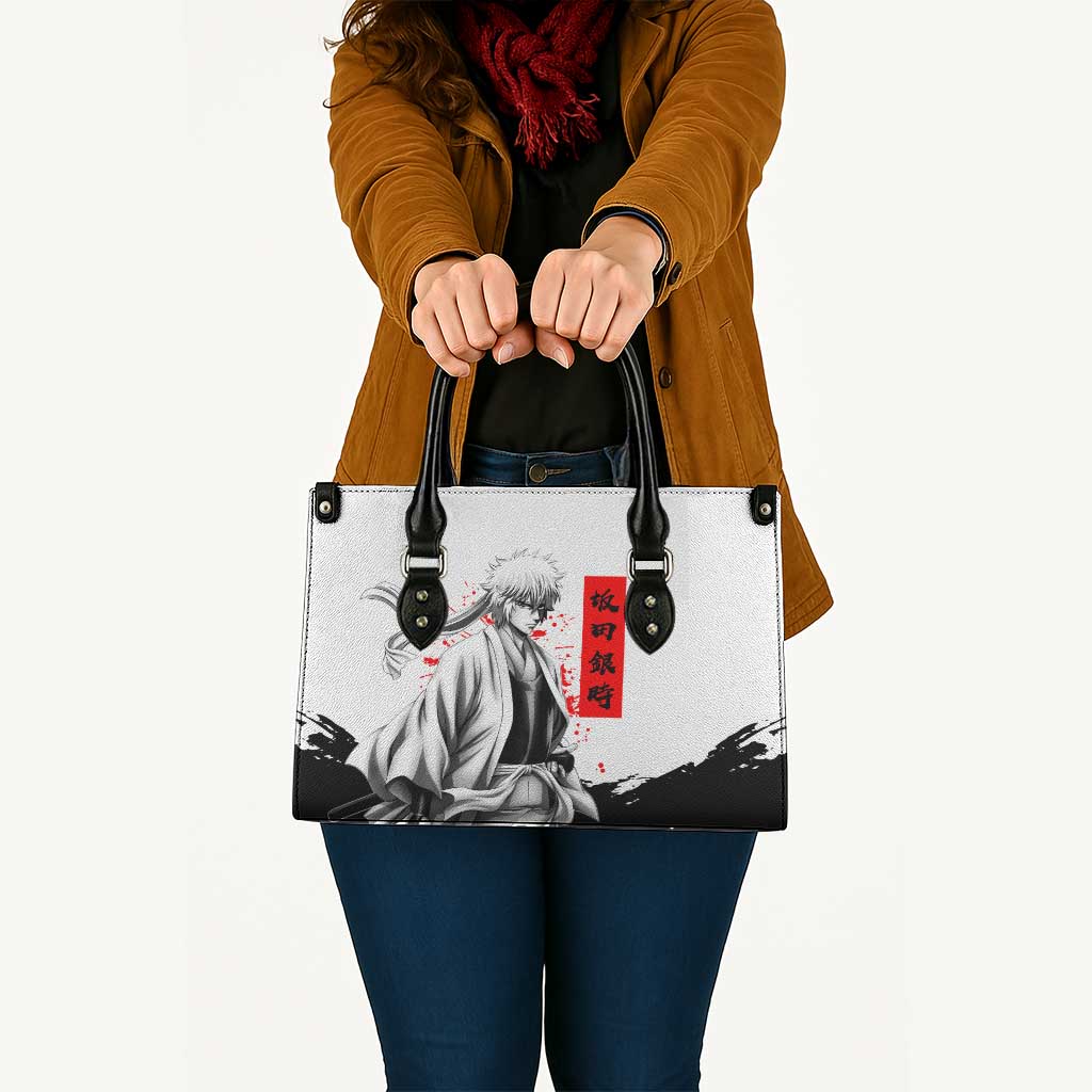 Gintoki Sakata Gintama Samurai Design Leather Bag with Katana, Red Kanji Calligraphy and Oni Mask Graphic - The Mazicc
