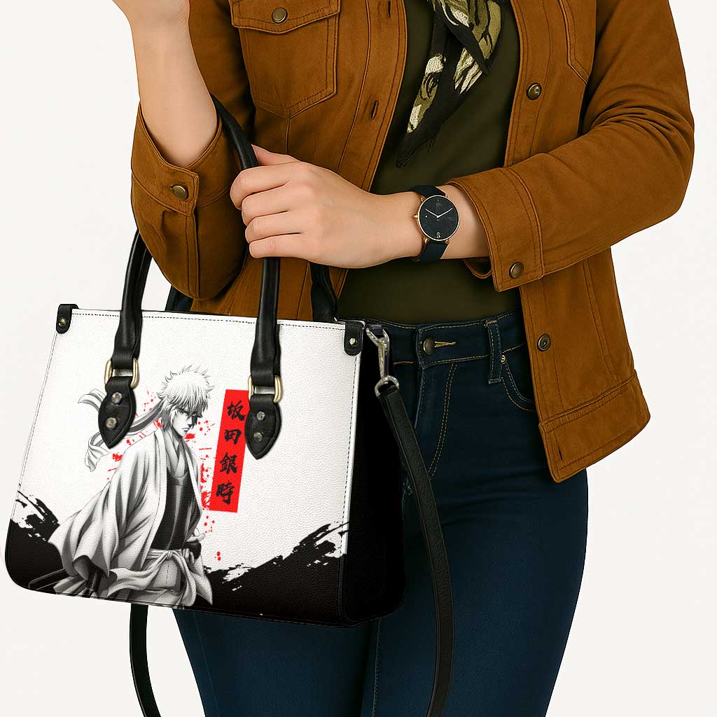 Gintoki Sakata Gintama Samurai Design Leather Bag with Katana, Red Kanji Calligraphy and Oni Mask Graphic - The Mazicc