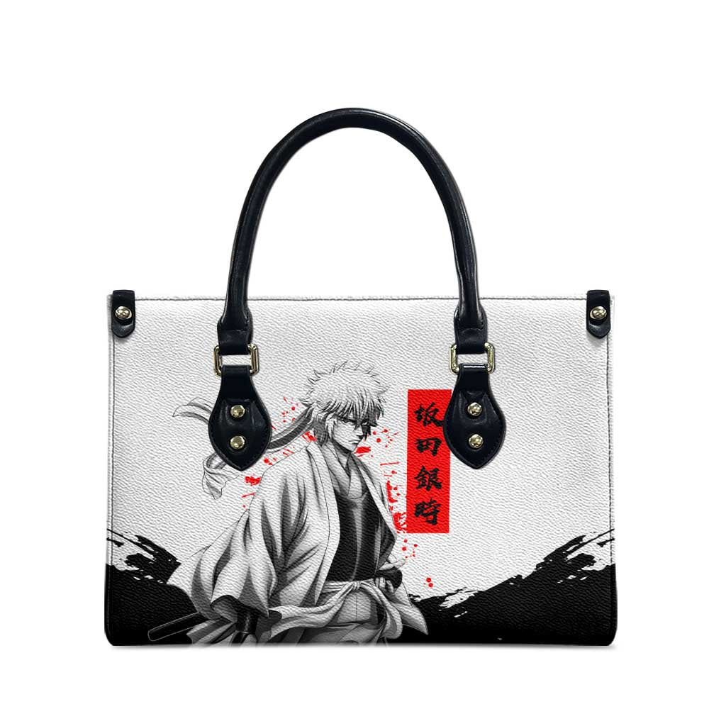 Gintoki Sakata Gintama Samurai Design Leather Bag with Katana, Red Kanji Calligraphy and Oni Mask Graphic - The Mazicc