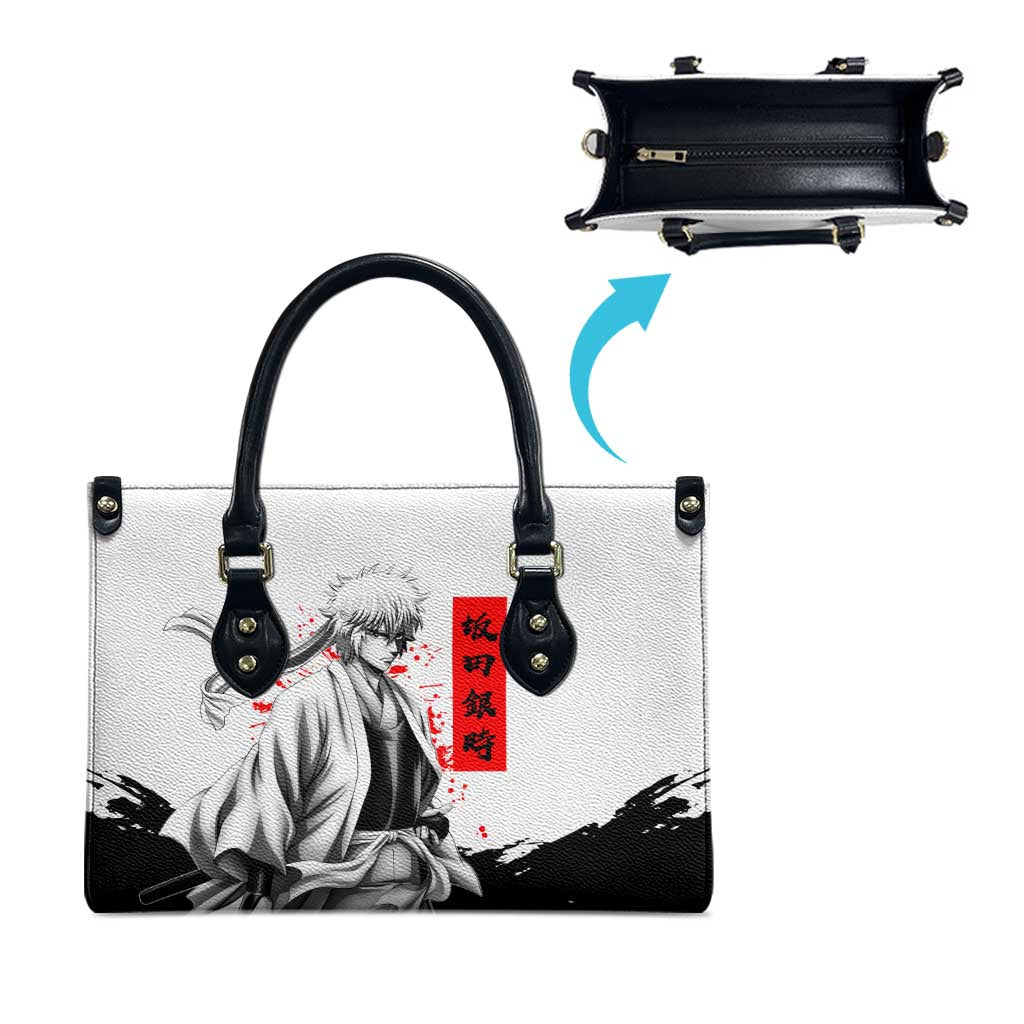 Gintoki Sakata Gintama Samurai Design Leather Bag with Katana, Red Kanji Calligraphy and Oni Mask Graphic - The Mazicc
