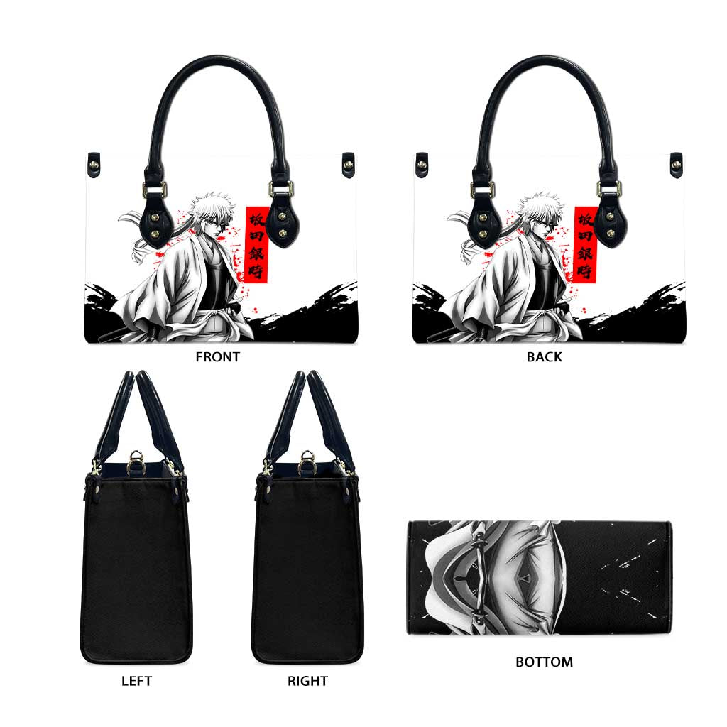 Gintoki Sakata Gintama Samurai Design Leather Bag with Katana, Red Kanji Calligraphy and Oni Mask Graphic - The Mazicc