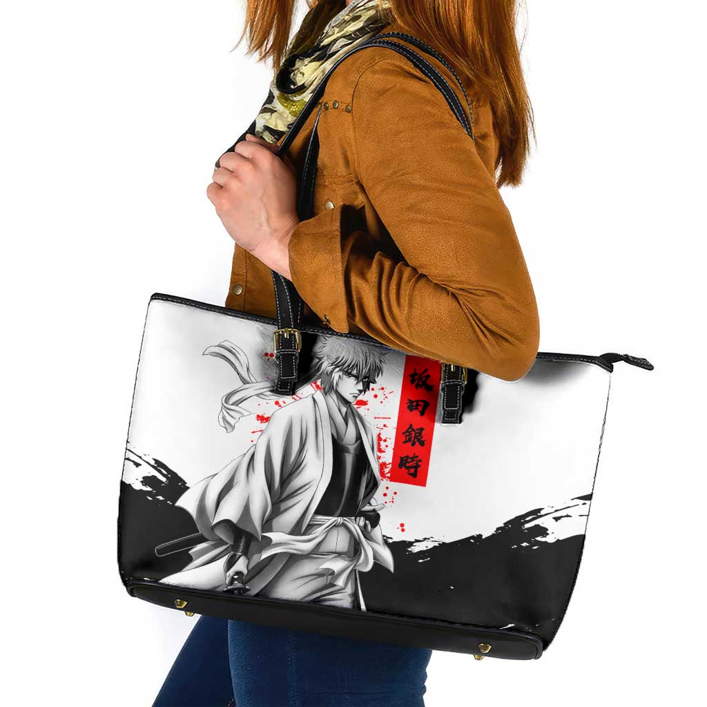 Gintoki Sakata Gintama Samurai Design Leather Tote Bag with Katana, Red Kanji Calligraphy and Oni Mask Graphic - The Mazicc