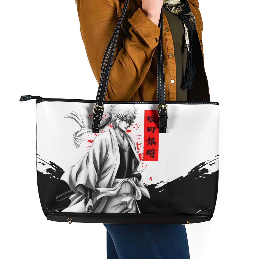 Gintoki Sakata Gintama Samurai Design Leather Tote Bag with Katana, Red Kanji Calligraphy and Oni Mask Graphic - The Mazicc