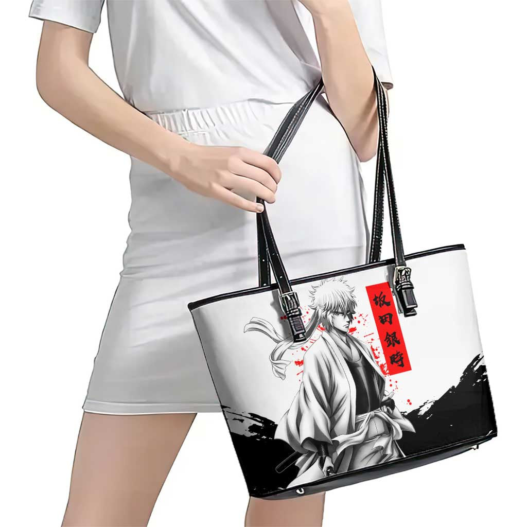 Gintoki Sakata Gintama Samurai Design Leather Tote Bag with Katana, Red Kanji Calligraphy and Oni Mask Graphic - The Mazicc