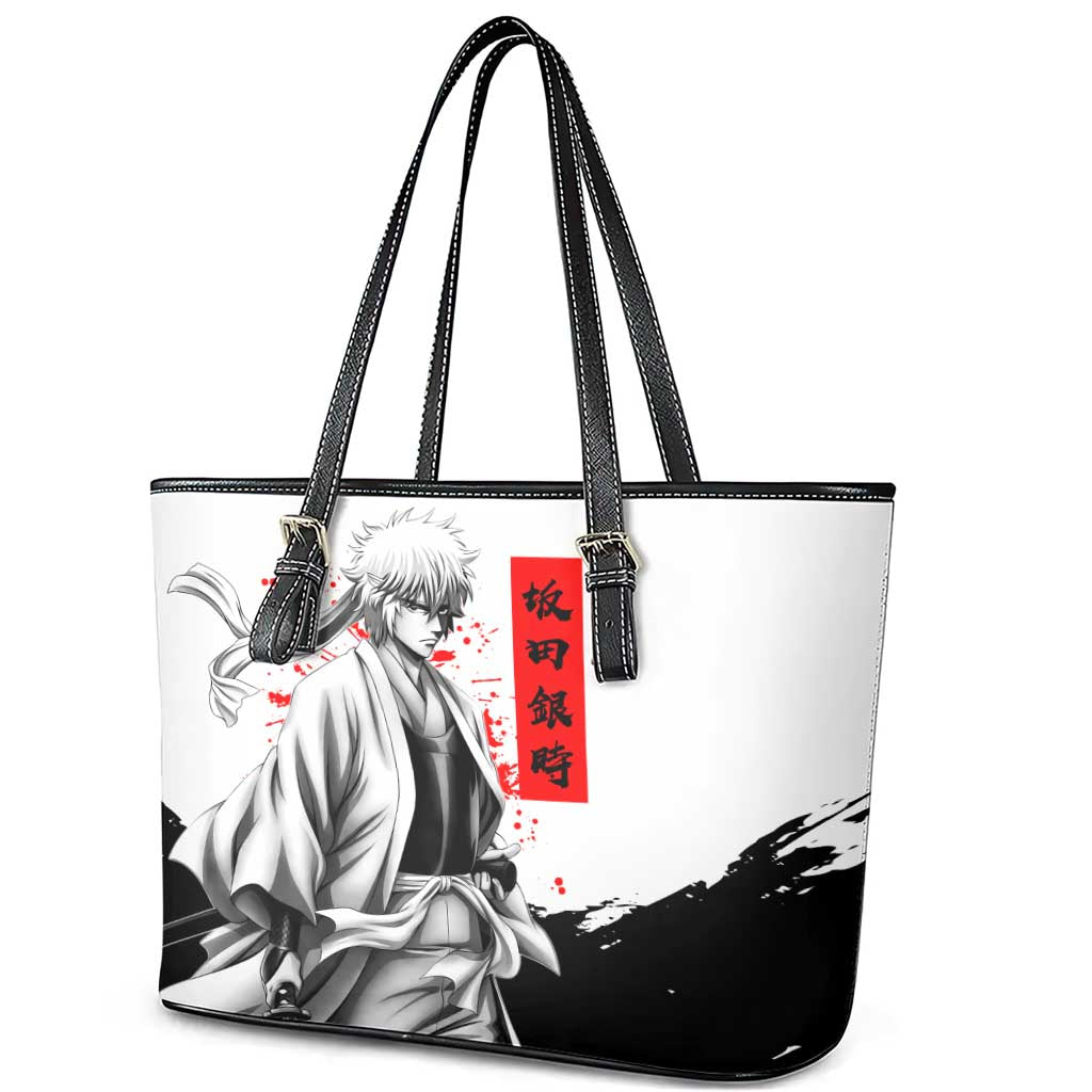 Gintoki Sakata Gintama Samurai Design Leather Tote Bag with Katana, Red Kanji Calligraphy and Oni Mask Graphic - The Mazicc