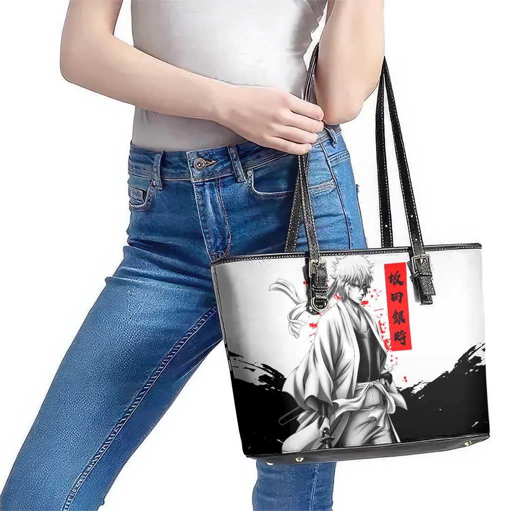 Gintoki Sakata Gintama Samurai Design Leather Tote Bag with Katana, Red Kanji Calligraphy and Oni Mask Graphic - The Mazicc