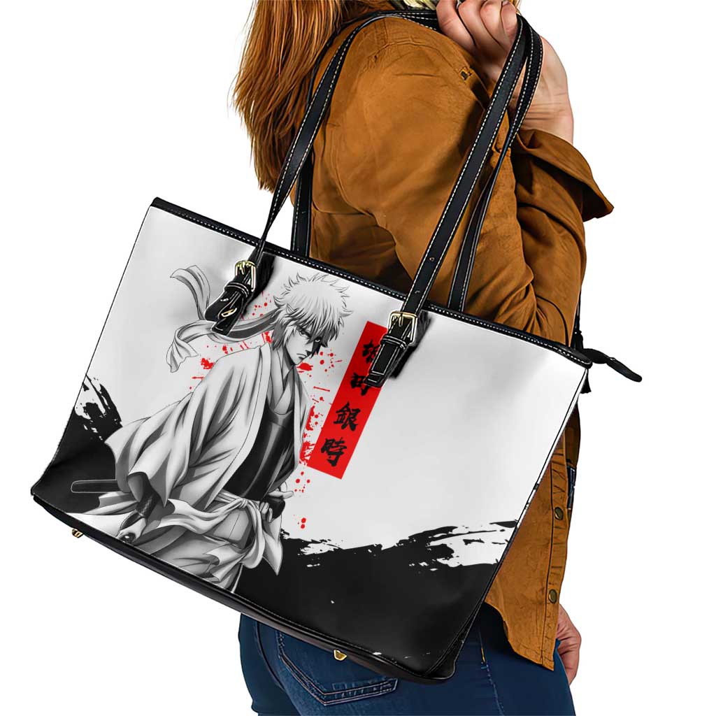 Gintoki Sakata Gintama Samurai Design Leather Tote Bag with Katana, Red Kanji Calligraphy and Oni Mask Graphic - The Mazicc