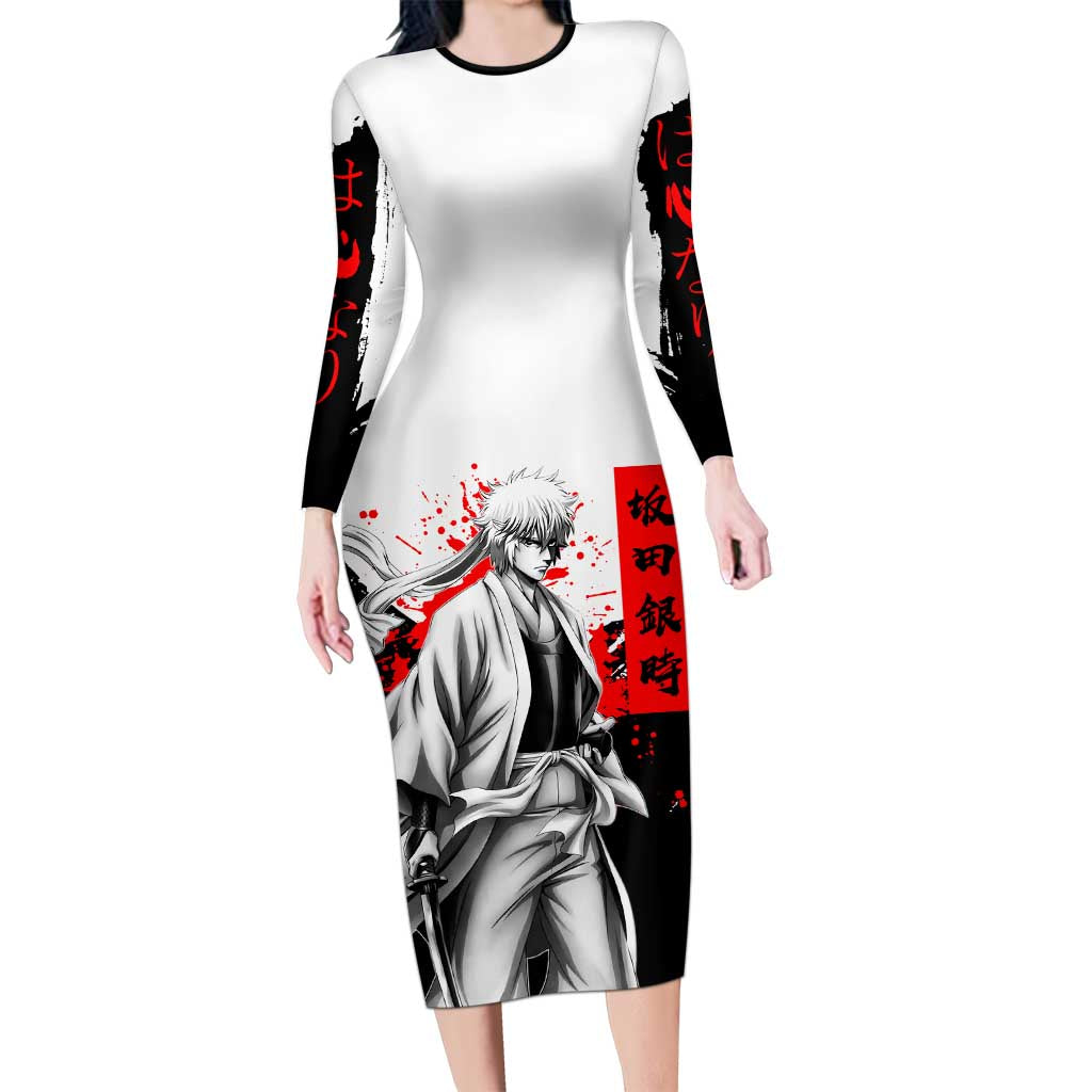 Gintoki Sakata Gintama Samurai Design Long Sleeve Bodycon Dress with Katana, Red Kanji Calligraphy and Oni Mask Graphic - The Mazicc