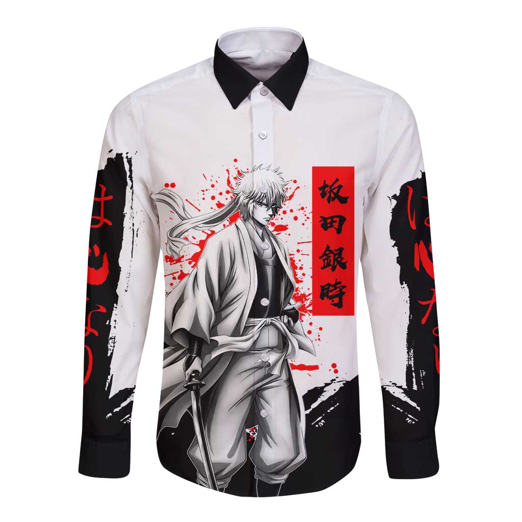 Gintoki Sakata Gintama Samurai Design Long Sleeve Button Shirt with Katana, Red Kanji Calligraphy and Oni Mask Graphic - The Mazicc