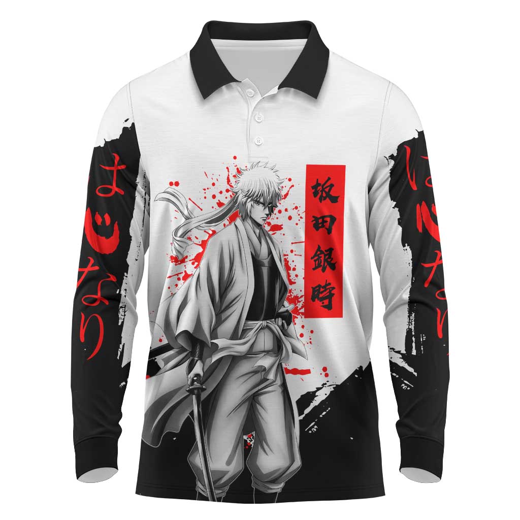 Gintoki Sakata Gintama Samurai Design Long Sleeve Polo Shirt with Katana, Red Kanji Calligraphy and Oni Mask Graphic - The Mazicc