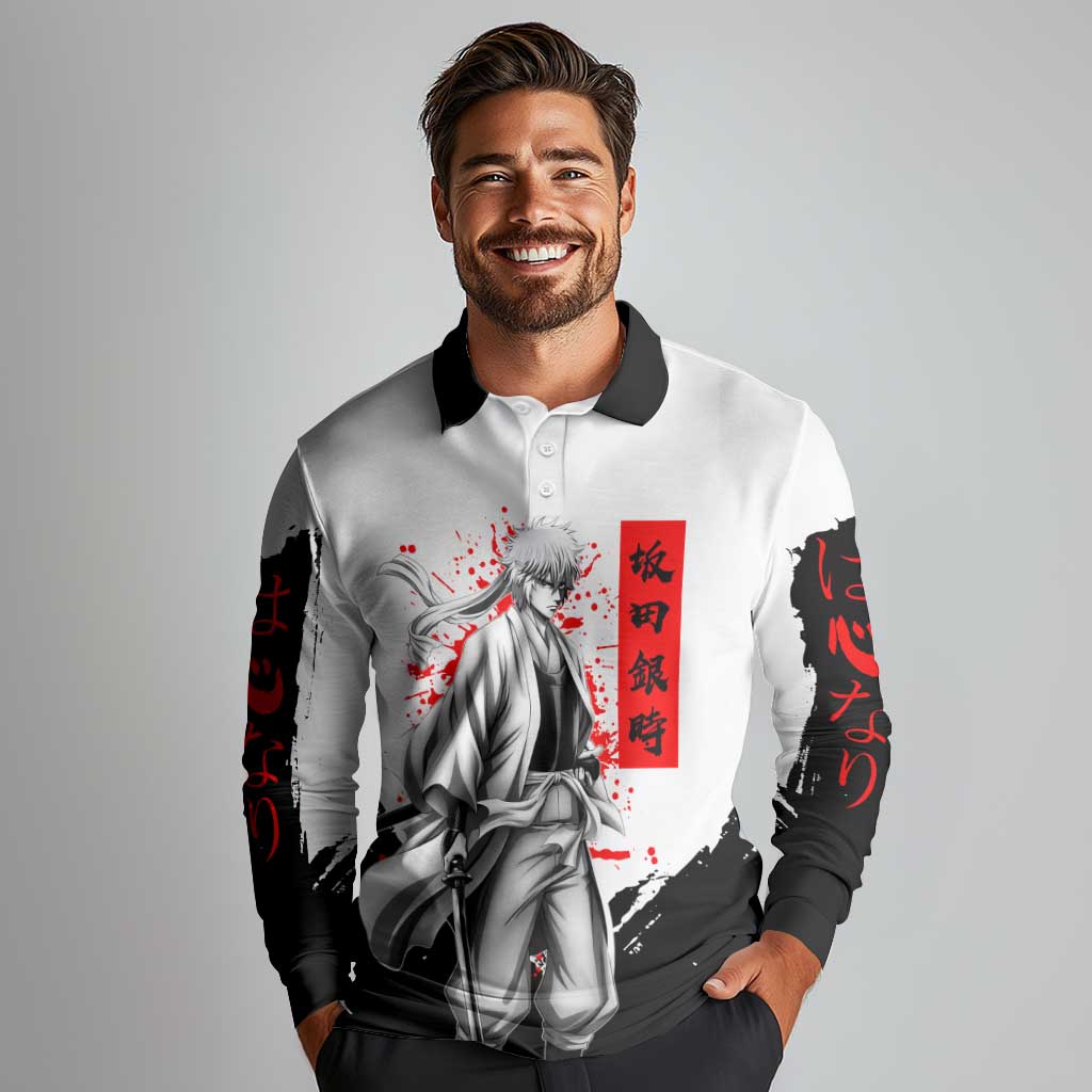 Gintoki Sakata Gintama Samurai Design Long Sleeve Polo Shirt with Katana, Red Kanji Calligraphy and Oni Mask Graphic - The Mazicc