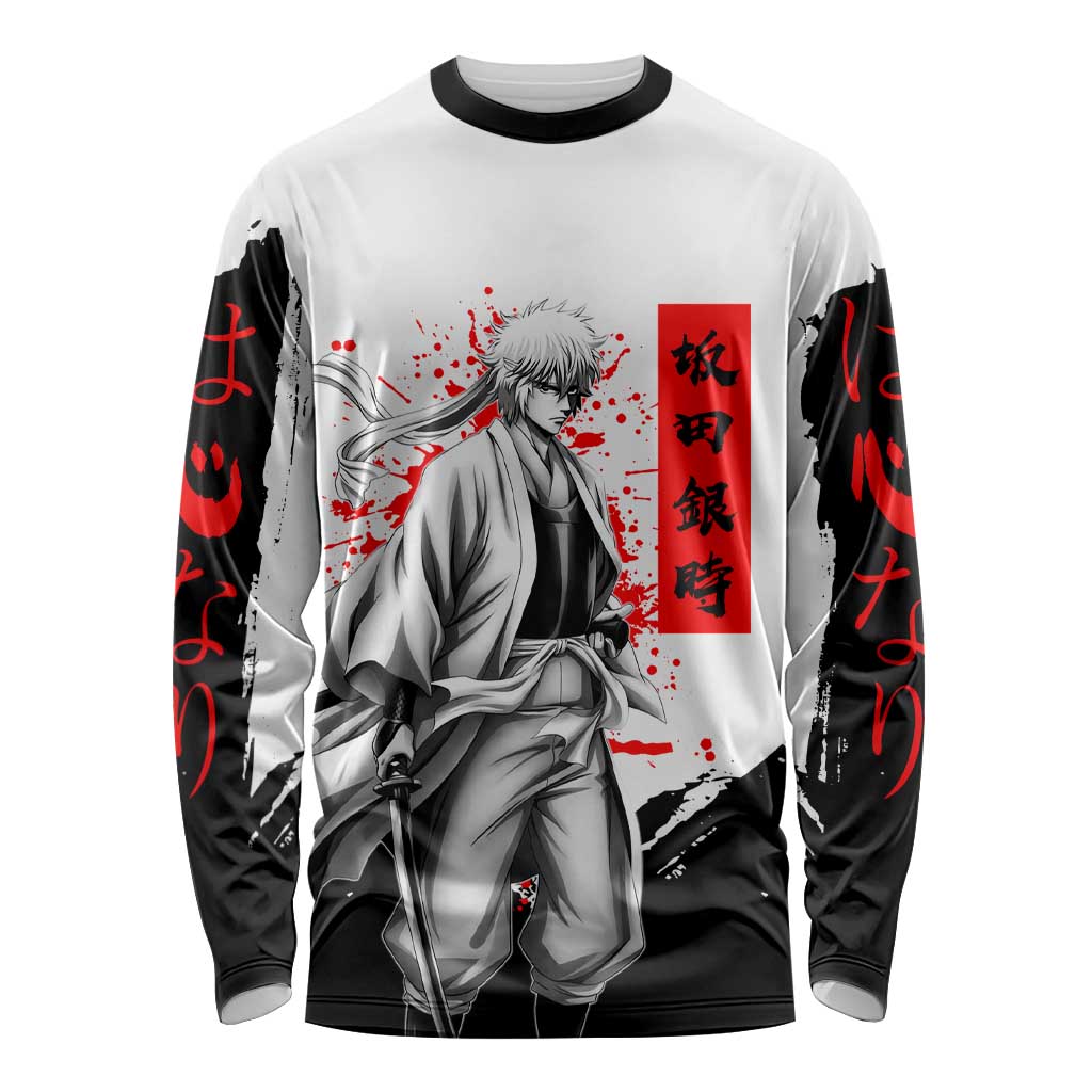 Gintoki Sakata Gintama Samurai Design Long Sleeve Shirt with Katana, Red Kanji Calligraphy and Oni Mask Graphic - The Mazicc