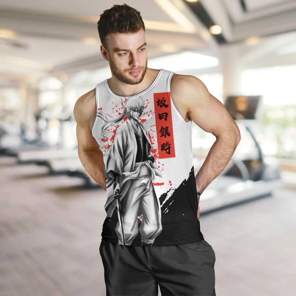 Gintoki Sakata Gintama Samurai Design Men Tank Top with Katana, Red Kanji Calligraphy and Oni Mask Graphic - The Mazicc