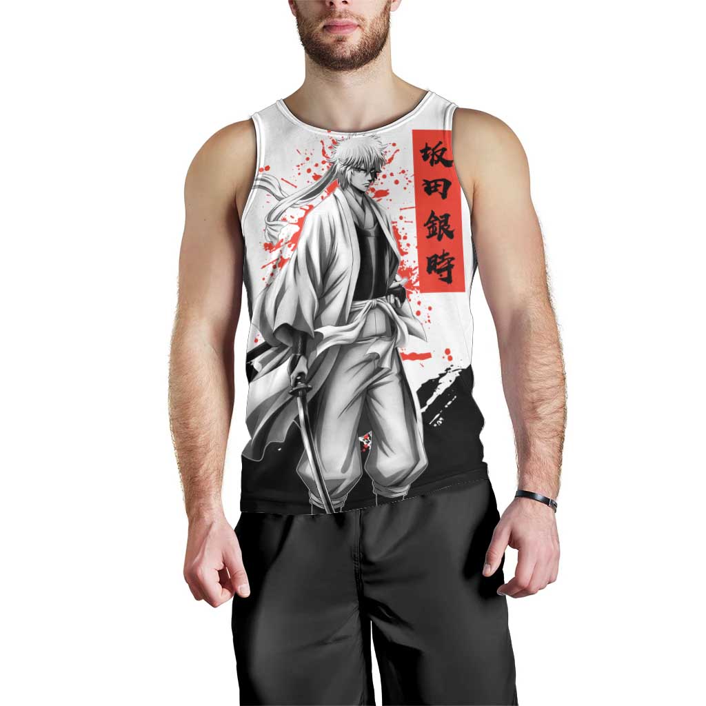 Gintoki Sakata Gintama Samurai Design Men Tank Top with Katana, Red Kanji Calligraphy and Oni Mask Graphic - The Mazicc
