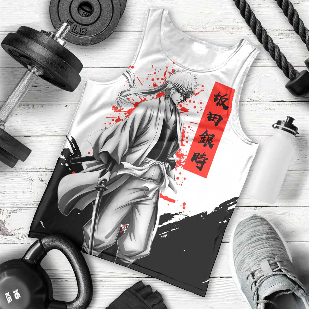 Gintoki Sakata Gintama Samurai Design Men Tank Top with Katana, Red Kanji Calligraphy and Oni Mask Graphic - The Mazicc