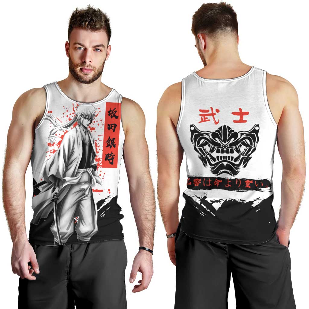 Gintoki Sakata Gintama Samurai Design Men Tank Top with Katana, Red Kanji Calligraphy and Oni Mask Graphic - The Mazicc