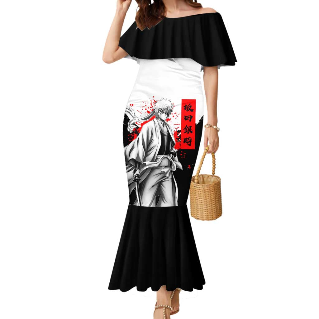 Gintoki Sakata Gintama Samurai Design Mermaid Dress with Katana, Red Kanji Calligraphy and Oni Mask Graphic - The Mazicc