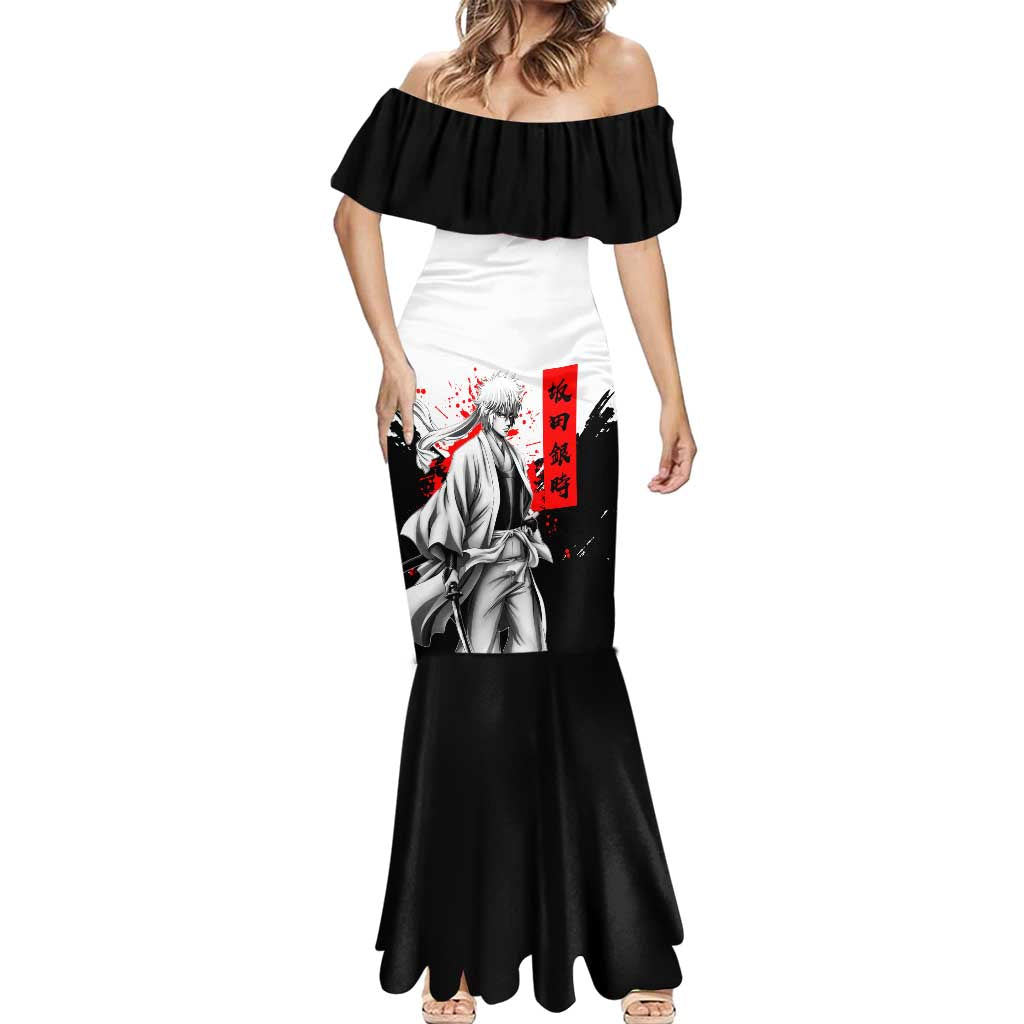 Gintoki Sakata Gintama Samurai Design Mermaid Dress with Katana, Red Kanji Calligraphy and Oni Mask Graphic - The Mazicc