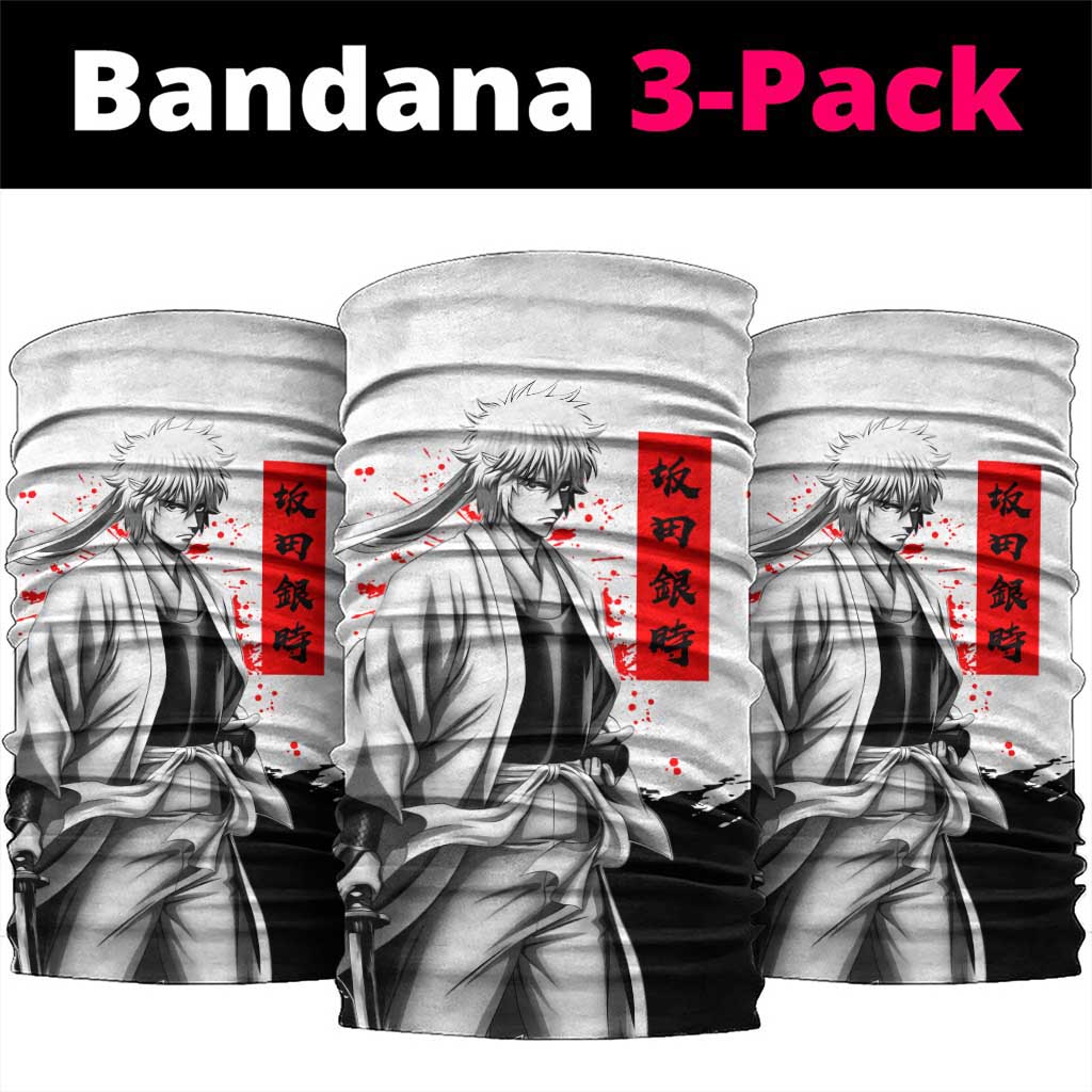 Gintoki Sakata Gintama Samurai Design Neck Gaiter with Katana, Red Kanji Calligraphy and Oni Mask Graphic - The Mazicc