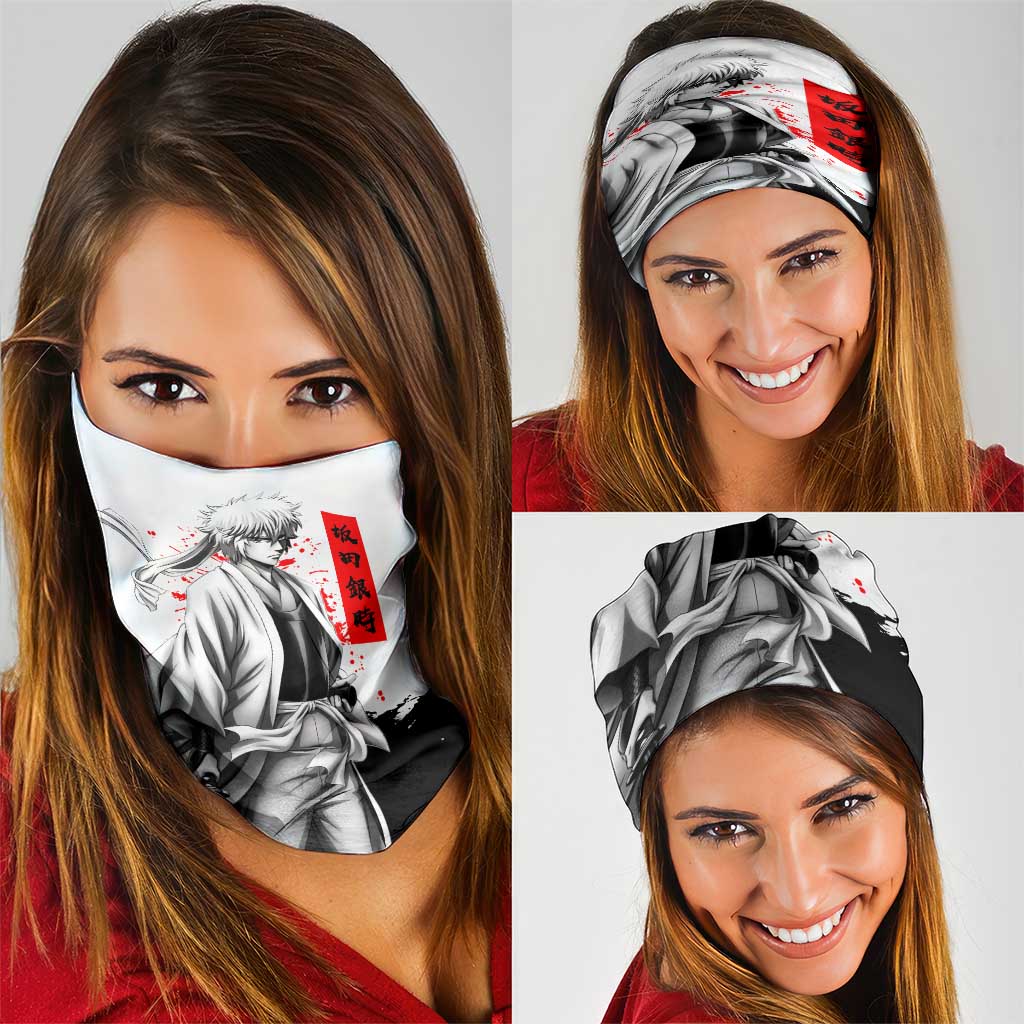 Gintoki Sakata Gintama Samurai Design Neck Gaiter with Katana, Red Kanji Calligraphy and Oni Mask Graphic - The Mazicc