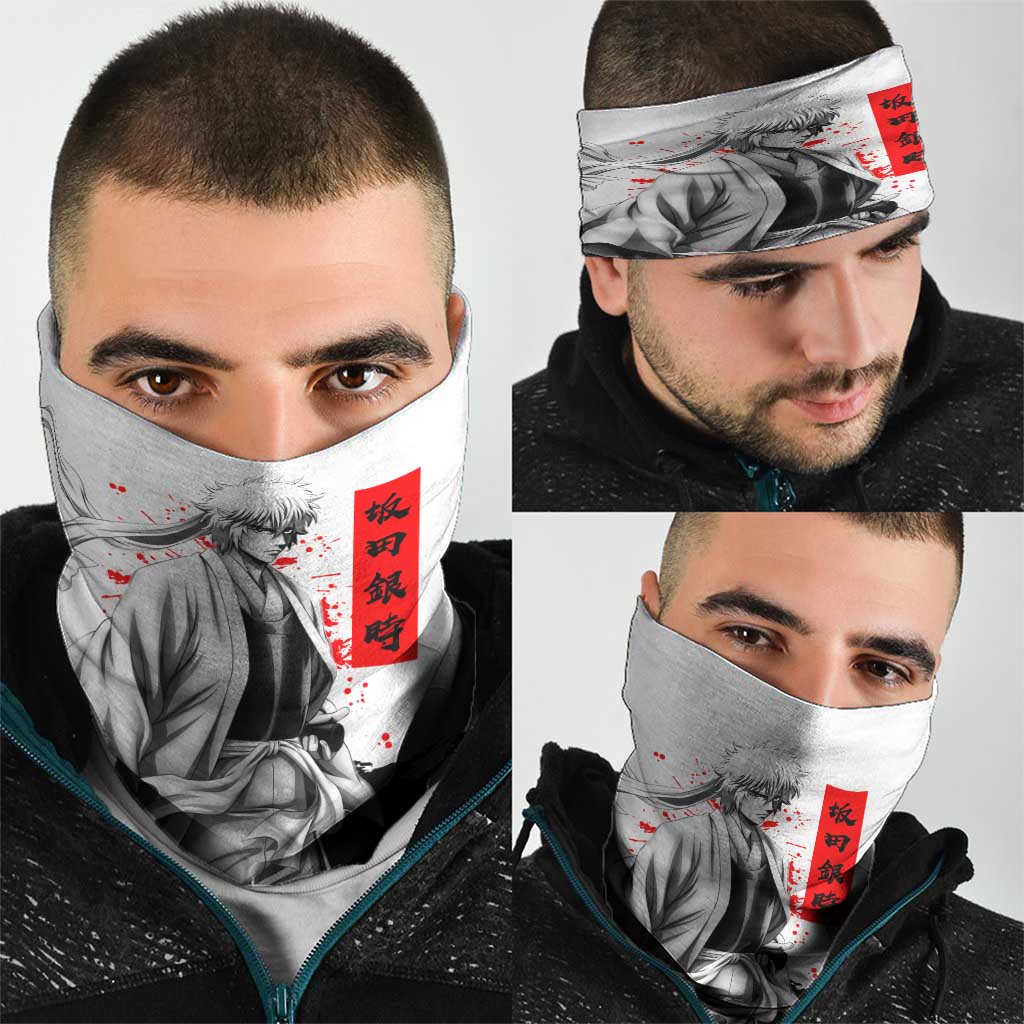 Gintoki Sakata Gintama Samurai Design Neck Gaiter with Katana, Red Kanji Calligraphy and Oni Mask Graphic - The Mazicc