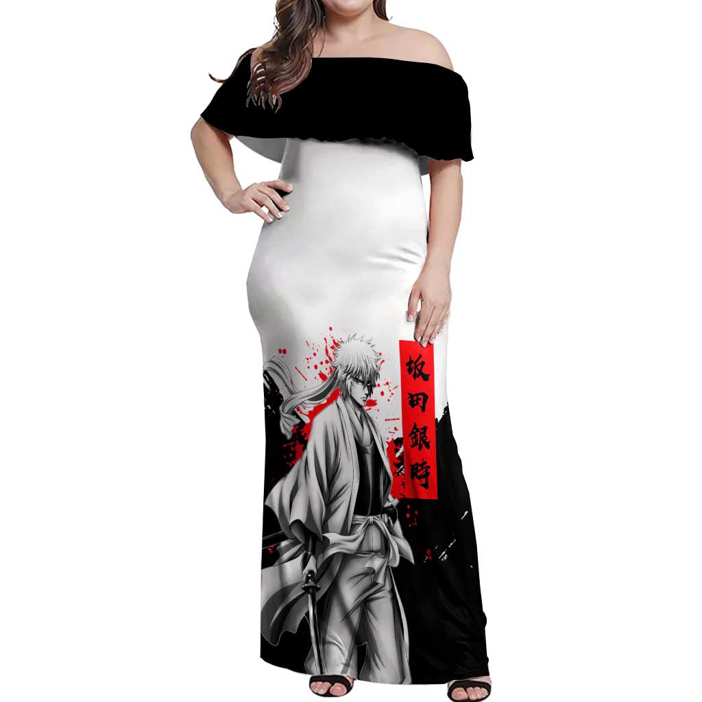Gintoki Sakata Gintama Samurai Design Off Shoulder Maxi Dress with Katana, Red Kanji Calligraphy and Oni Mask Graphic - The Mazicc