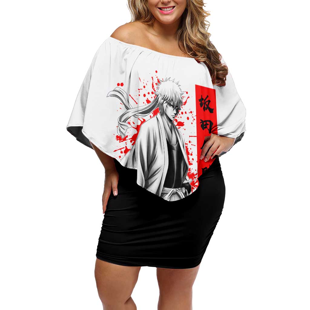 Gintoki Sakata Gintama Samurai Design Off Shoulder Short Dress with Katana, Red Kanji Calligraphy and Oni Mask Graphic - The Mazicc