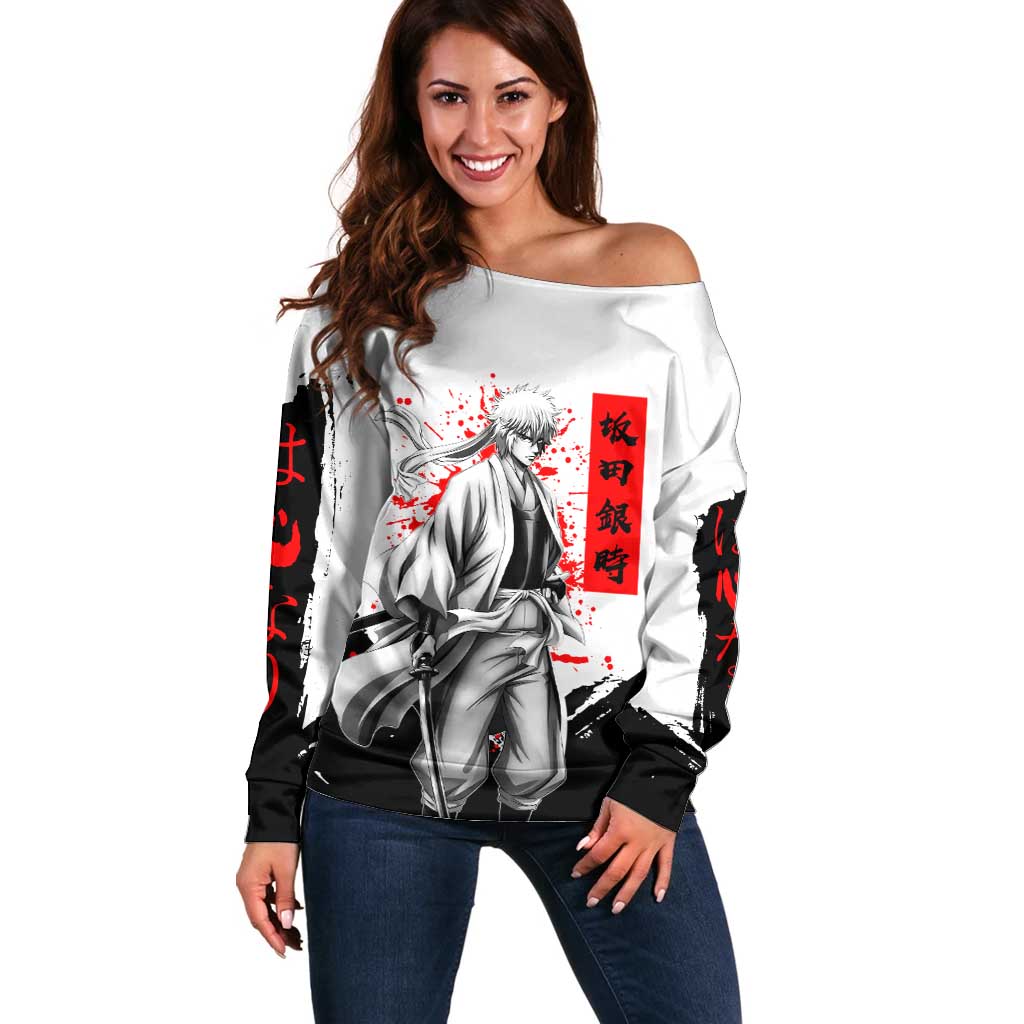 Gintoki Sakata Gintama Samurai Design Off Shoulder Sweater with Katana, Red Kanji Calligraphy and Oni Mask Graphic - The Mazicc
