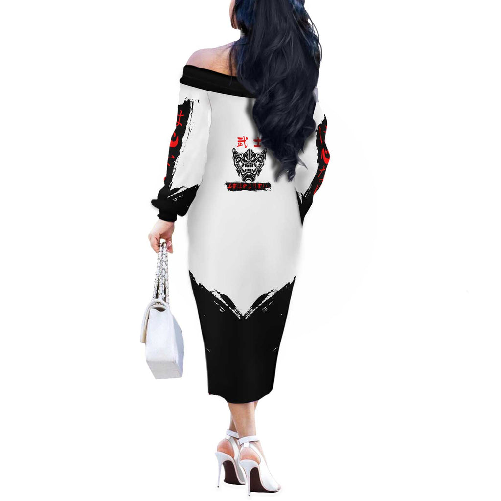 Gintoki Sakata Gintama Samurai Design Off The Shoulder Long Sleeve Dress with Katana, Red Kanji Calligraphy and Oni Mask Graphic - The Mazicc