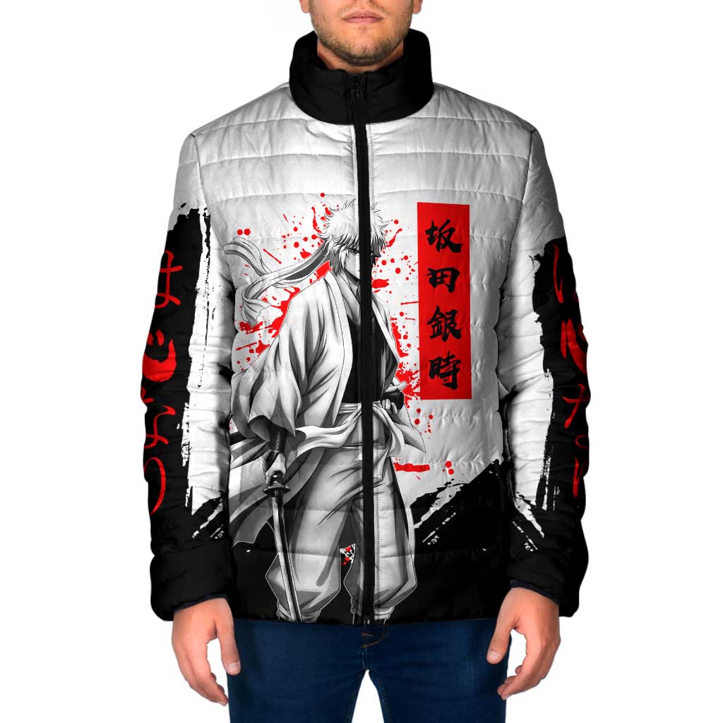 Gintoki Sakata Gintama Samurai Design Padded Jacket with Katana, Red Kanji Calligraphy and Oni Mask Graphic - The Mazicc