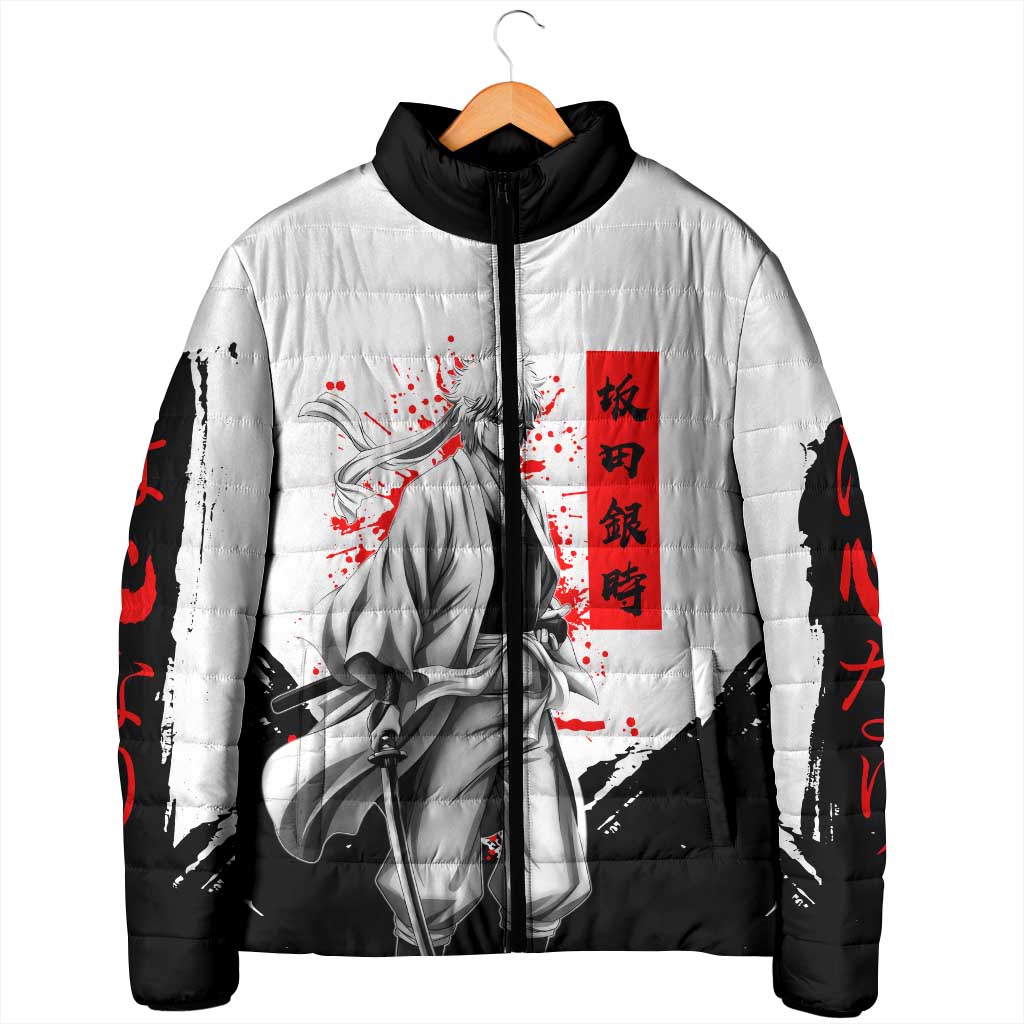 Gintoki Sakata Gintama Samurai Design Padded Jacket with Katana, Red Kanji Calligraphy and Oni Mask Graphic - The Mazicc