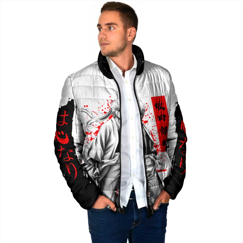 Gintoki Sakata Gintama Samurai Design Padded Jacket with Katana, Red Kanji Calligraphy and Oni Mask Graphic - The Mazicc