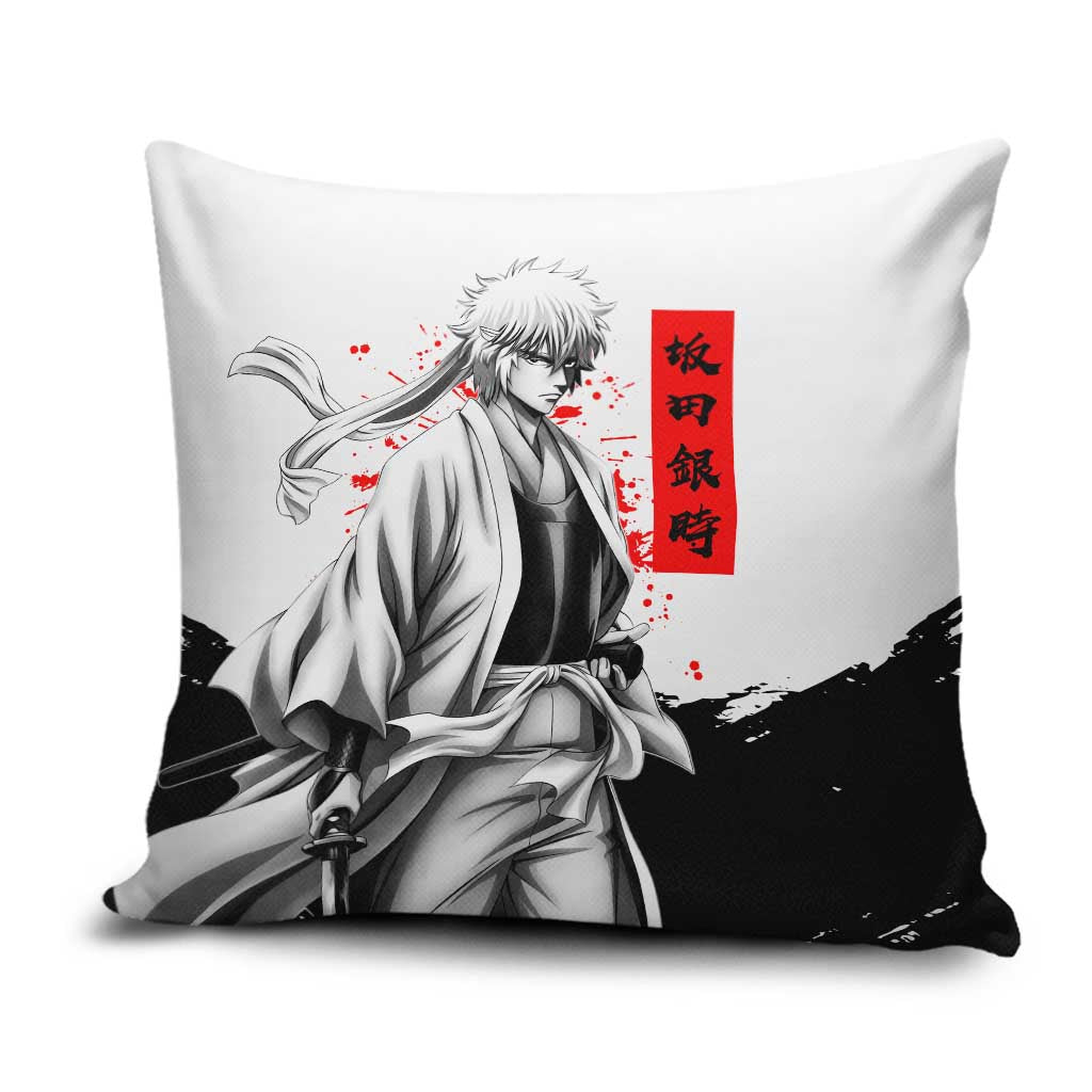 Gintoki Sakata Gintama Samurai Design Pillow Cover with Katana, Red Kanji Calligraphy and Oni Mask Graphic - The Mazicc
