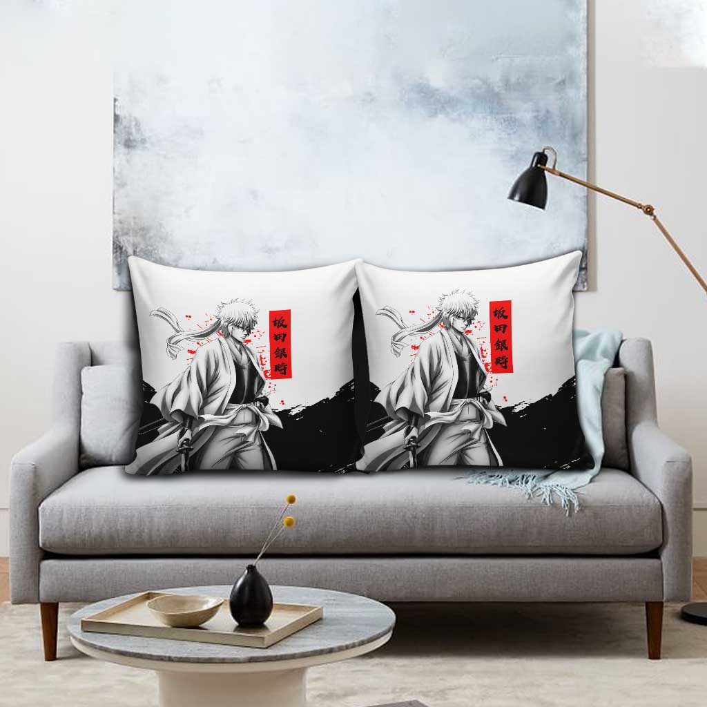 Gintoki Sakata Gintama Samurai Design Pillow Cover with Katana, Red Kanji Calligraphy and Oni Mask Graphic - The Mazicc