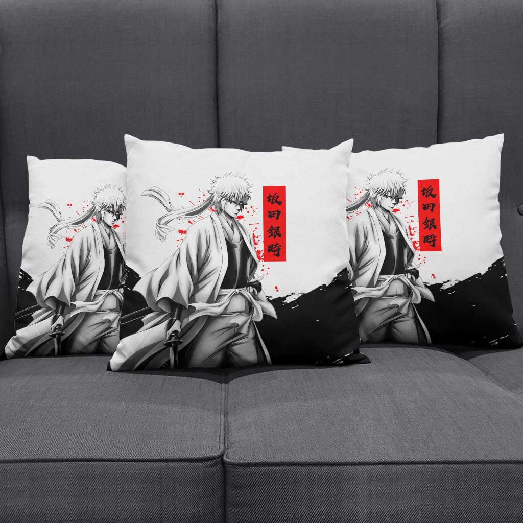 Gintoki Sakata Gintama Samurai Design Pillow Cover with Katana, Red Kanji Calligraphy and Oni Mask Graphic - The Mazicc