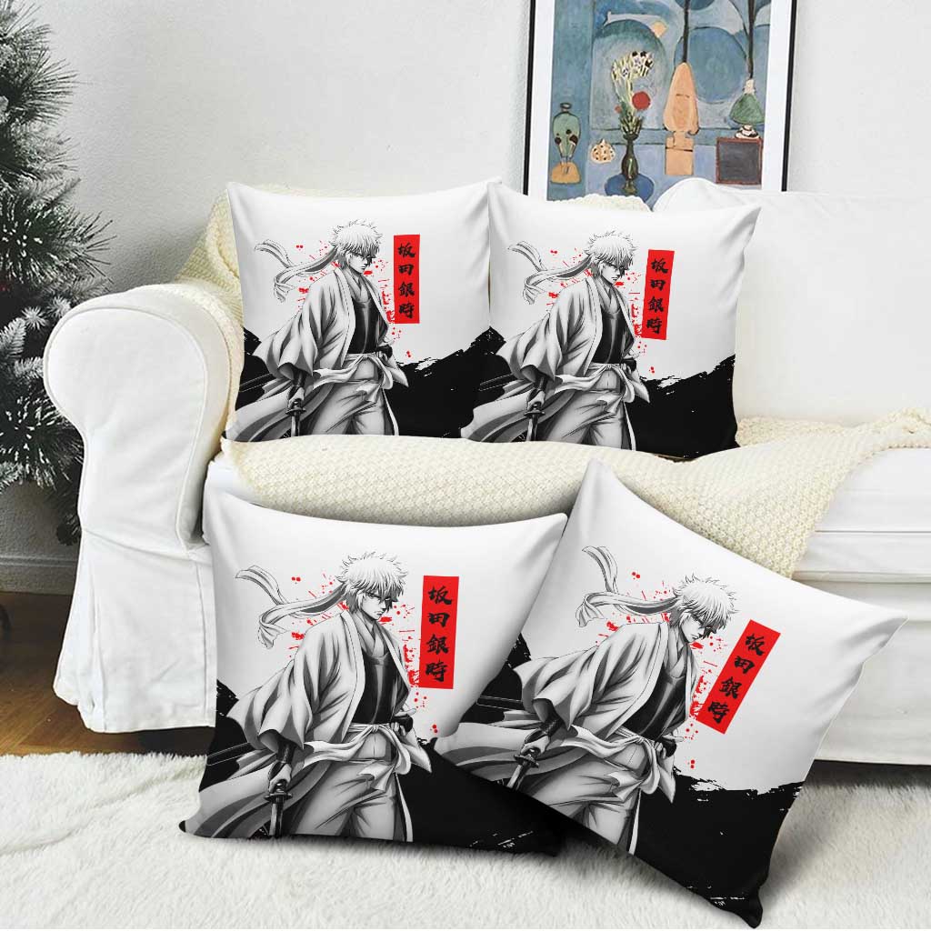 Gintoki Sakata Gintama Samurai Design Pillow Cover with Katana, Red Kanji Calligraphy and Oni Mask Graphic - The Mazicc