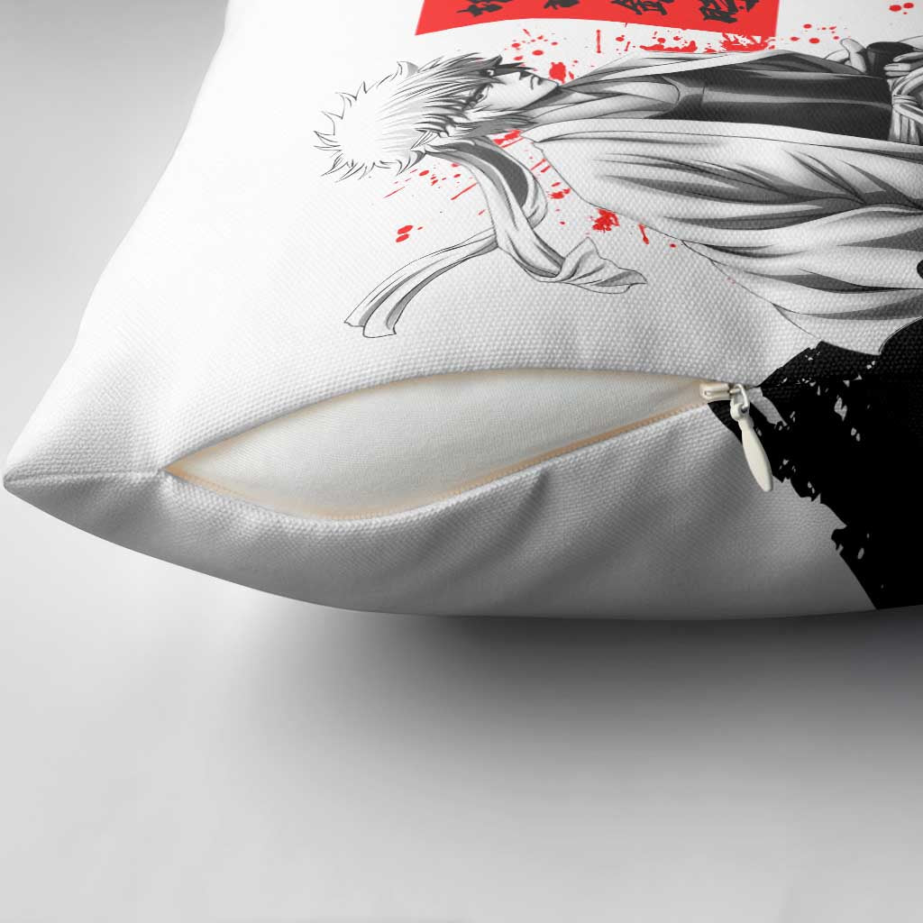 Gintoki Sakata Gintama Samurai Design Pillow Cover with Katana, Red Kanji Calligraphy and Oni Mask Graphic - The Mazicc