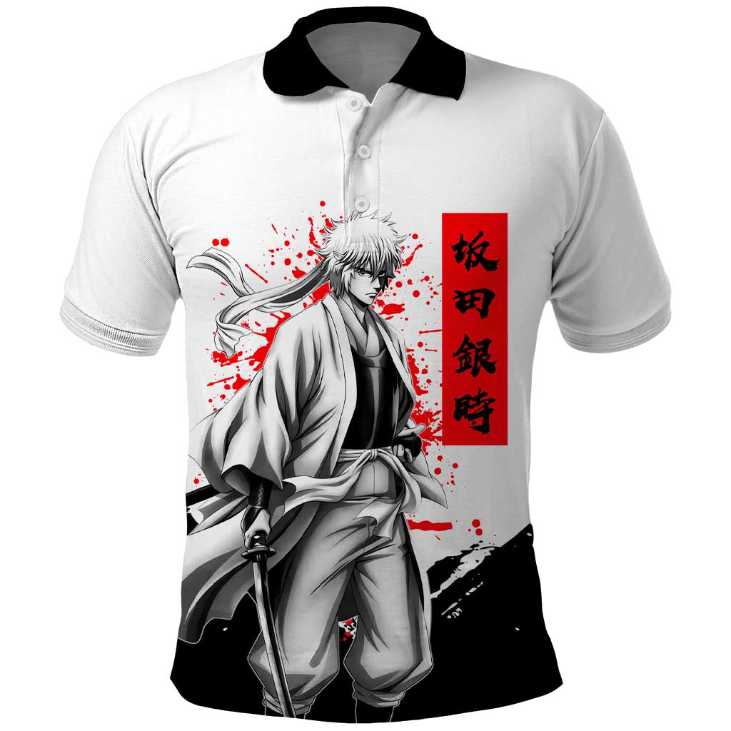 Gintoki Sakata Gintama Samurai Design Polo Shirt with Katana, Red Kanji Calligraphy and Oni Mask Graphic - The Mazicc