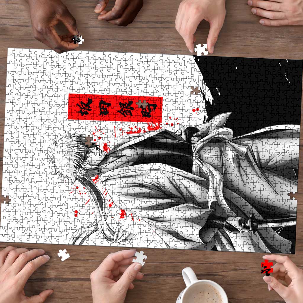 Gintoki Sakata Gintama Samurai Design Puzzle with Katana, Red Kanji Calligraphy and Oni Mask Graphic - The Mazicc