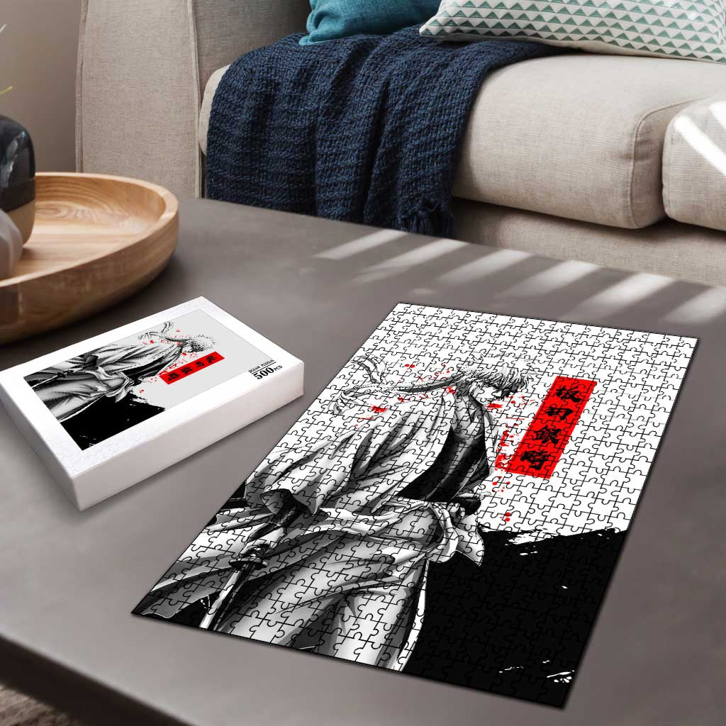 Gintoki Sakata Gintama Samurai Design Puzzle with Katana, Red Kanji Calligraphy and Oni Mask Graphic - The Mazicc