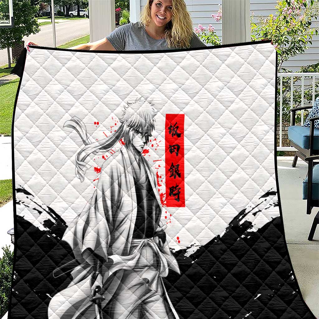 Gintoki Sakata Gintama Samurai Design Quilt with Katana, Red Kanji Calligraphy and Oni Mask Graphic - The Mazicc
