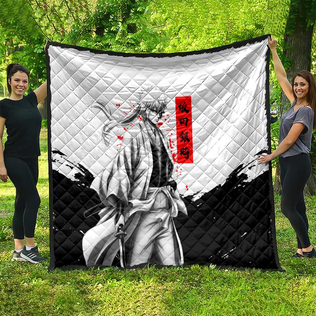 Gintoki Sakata Gintama Samurai Design Quilt with Katana, Red Kanji Calligraphy and Oni Mask Graphic - The Mazicc