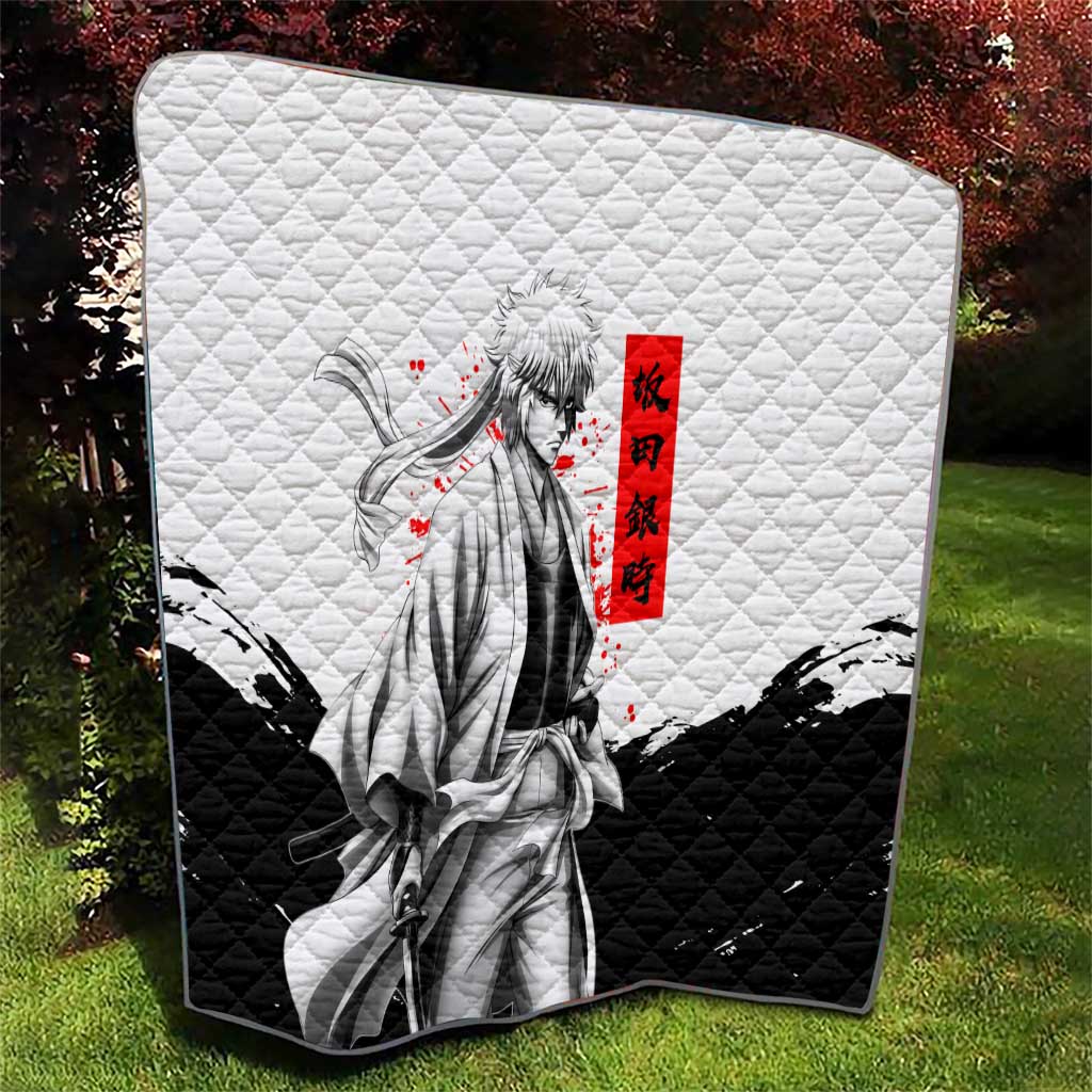 Gintoki Sakata Gintama Samurai Design Quilt with Katana, Red Kanji Calligraphy and Oni Mask Graphic - The Mazicc