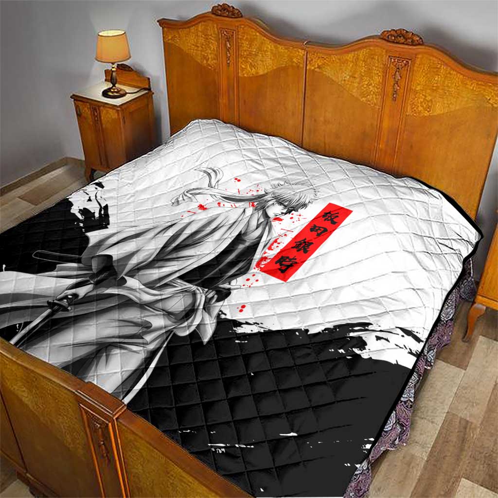 Gintoki Sakata Gintama Samurai Design Quilt with Katana, Red Kanji Calligraphy and Oni Mask Graphic - The Mazicc
