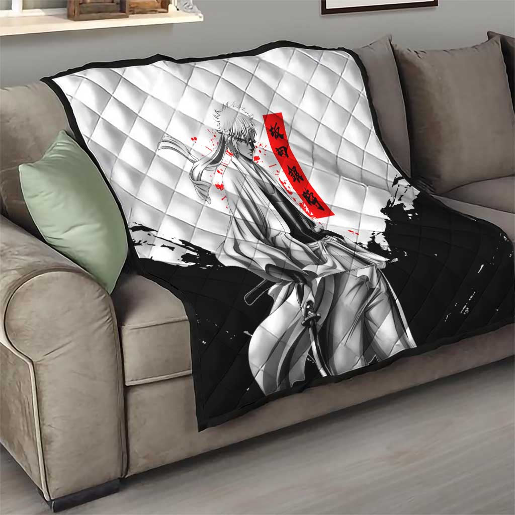 Gintoki Sakata Gintama Samurai Design Quilt with Katana, Red Kanji Calligraphy and Oni Mask Graphic - The Mazicc