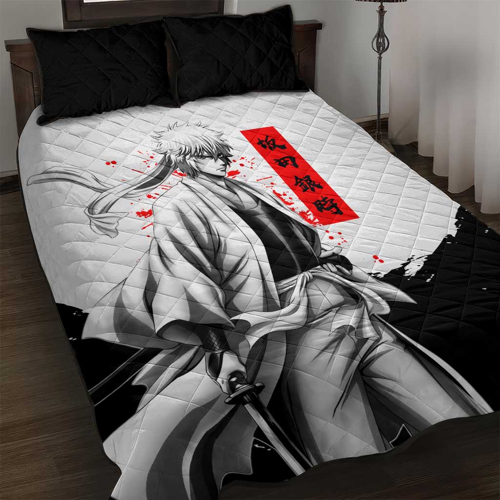 Gintoki Sakata Gintama Samurai Design Quilt Bed Set with Katana, Red Kanji Calligraphy and Oni Mask Graphic - The Mazicc