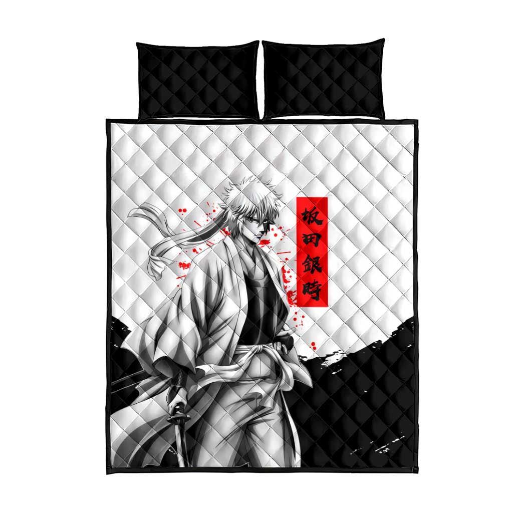 Gintoki Sakata Gintama Samurai Design Quilt Bed Set with Katana, Red Kanji Calligraphy and Oni Mask Graphic - The Mazicc