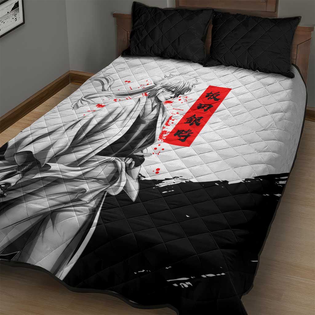 Gintoki Sakata Gintama Samurai Design Quilt Bed Set with Katana, Red Kanji Calligraphy and Oni Mask Graphic - The Mazicc